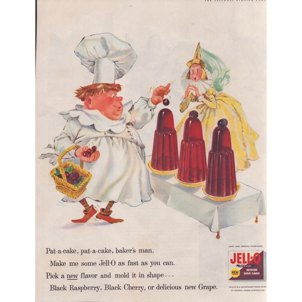 Vintage 1955 Jell-O Ad Pat-a-cake Baker Princess Black Cherry Grape Raspberry